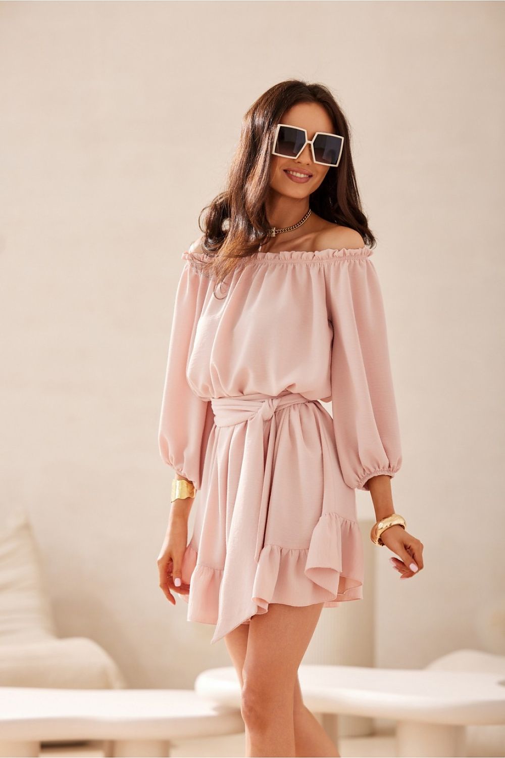 Robe courte à col bardot Delmira rosé | Zachoo