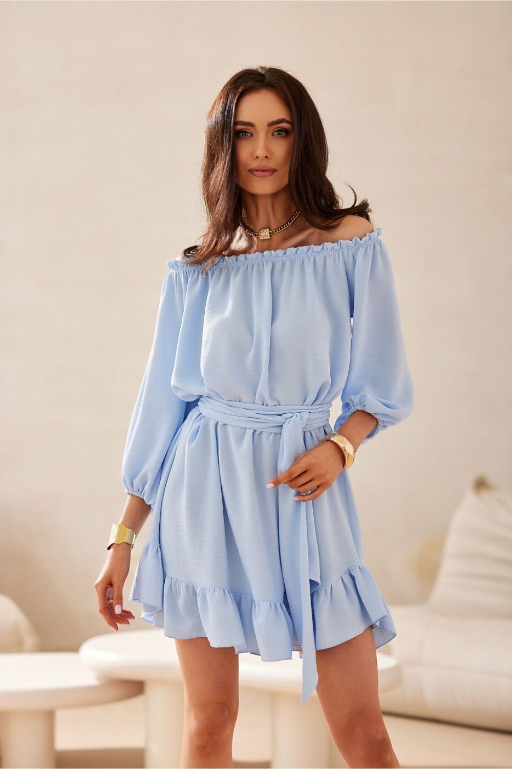 Robe courte à col bardot Delmira bleu | Zachoo