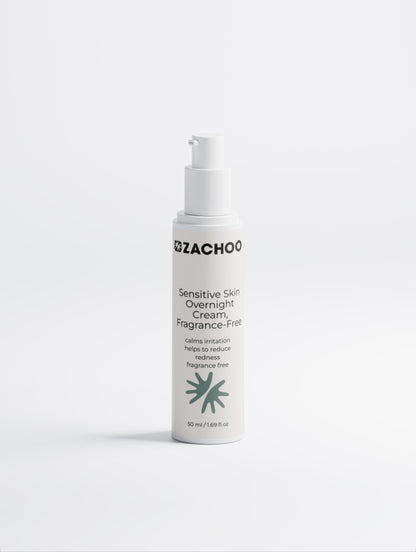 Crème de Nuit Apaisante Peaux Sensibles - Sans Parfum - Réparatrice & Anti-Rougeurs - Bio & 99% Naturelle - 50ml | Zachoo