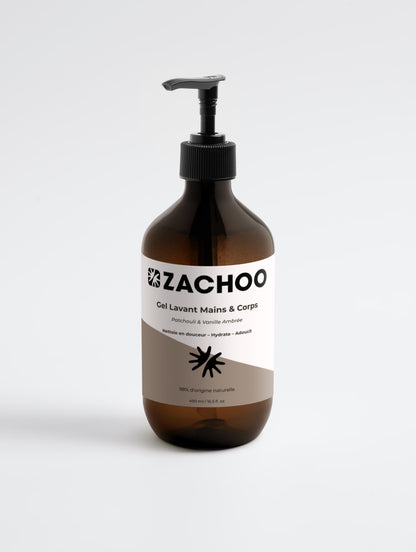 Gel Lavant Mains & Corps Patchouli & Vanille Ambrée - Hydratant & Doux - Certifié Ecocert - Bio - 490ml | Zachoo