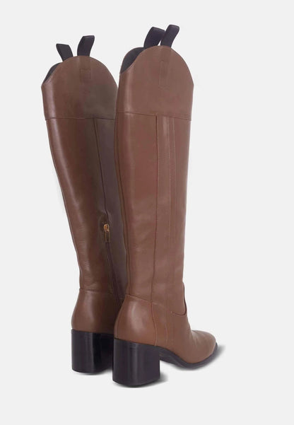 Bottes femme hautes en cuir marron avec talon carré 6,5 cm – Lirena | Zachoo