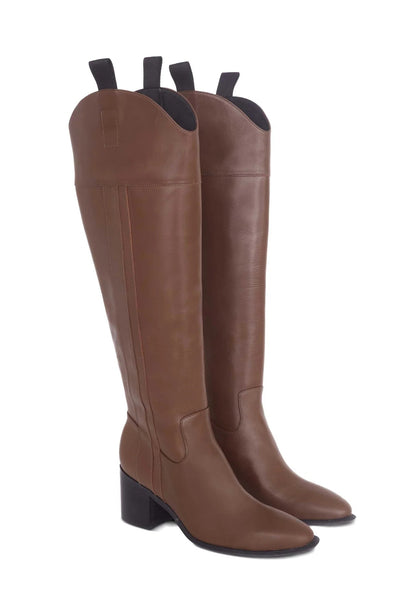 Bottes femme hautes en cuir marron avec talon carré 6,5 cm – Lirena | Zachoo