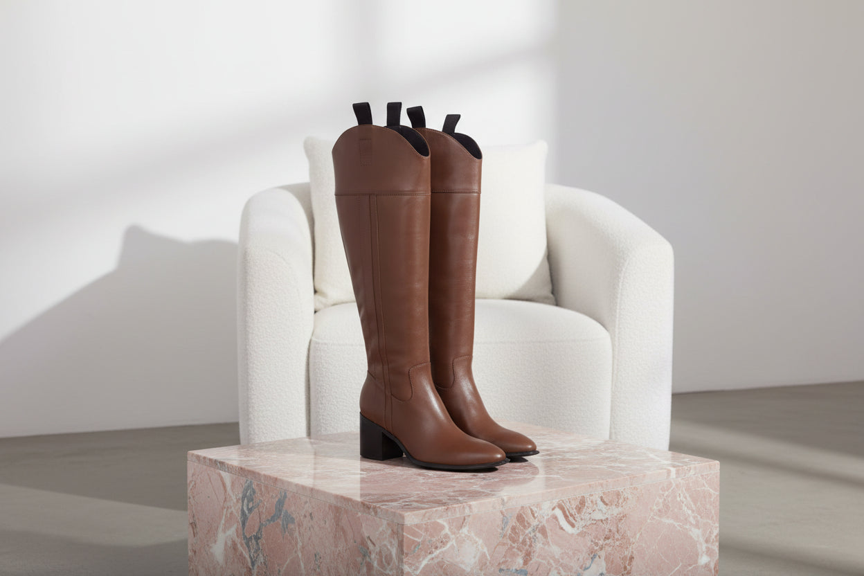Bottes femme hautes en cuir marron avec talon carré 6,5 cm – Lirena | Zachoo