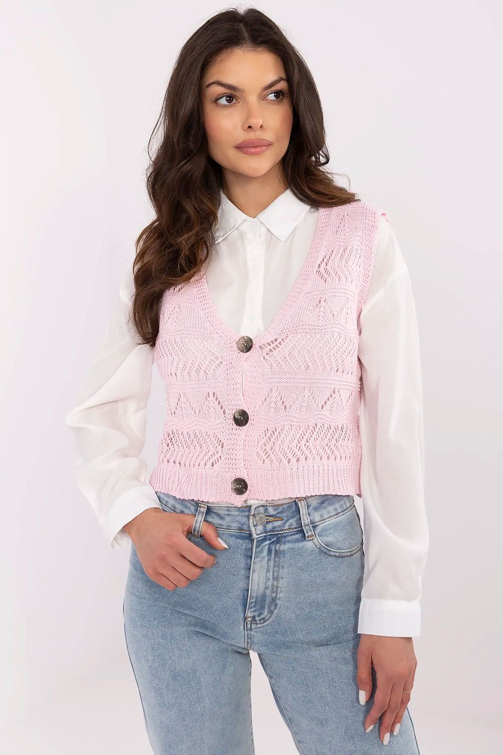 Gilet ajouré en maille coton Néloane rosé | Zachoo