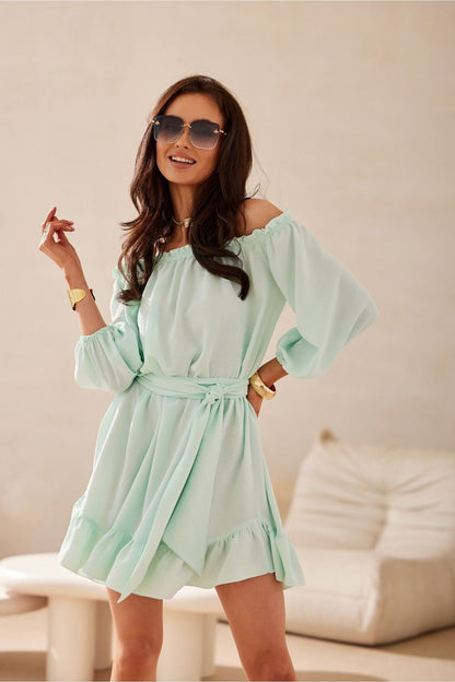 Robe courte à col bardot Delmira vert | Zachoo