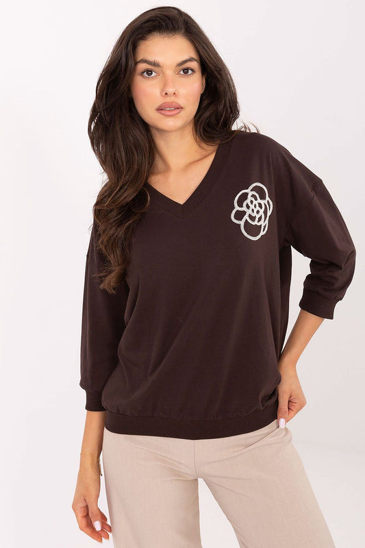 Chemisier femme coton col V manches 3/4 - Relevance brun universelle | Zachoo