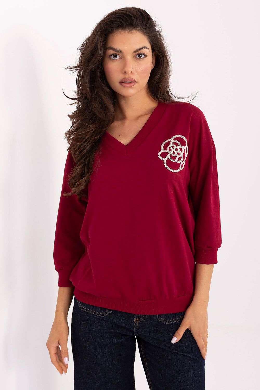 Chemisier femme coton col V manches 3/4 - Relevance rouge universelle | Zachoo