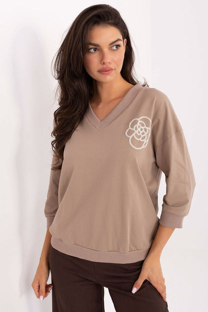 Chemisier femme coton col V manches 3/4 - Relevance beige universelle | Zachoo