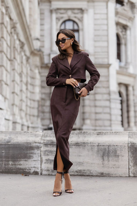 Ensemble femme blazer fluide pantalon taille haute - Eloria brun | Zachoo