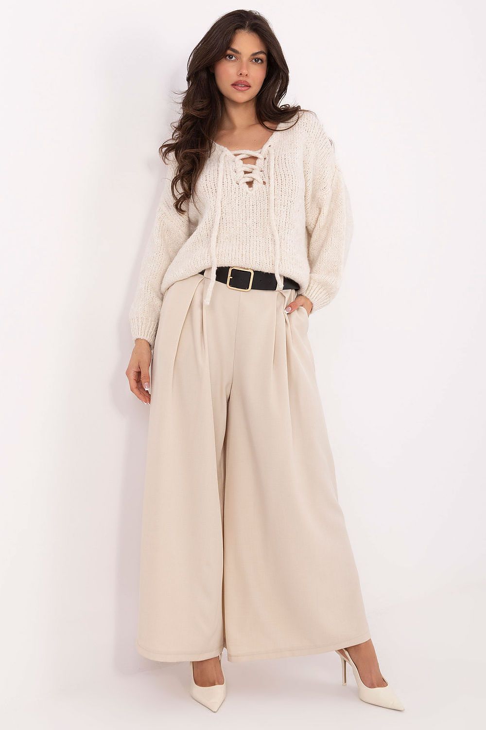 Pantalon femme palazzo taille haute en viscose – Souffle blanc cassé universelle | Zachoo