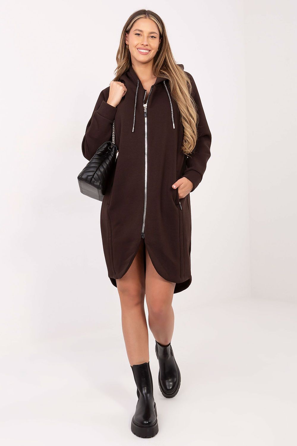 Sweat-shirt femme long en coton élasthanne avec capuche – Amara brun universelle | Zachoo