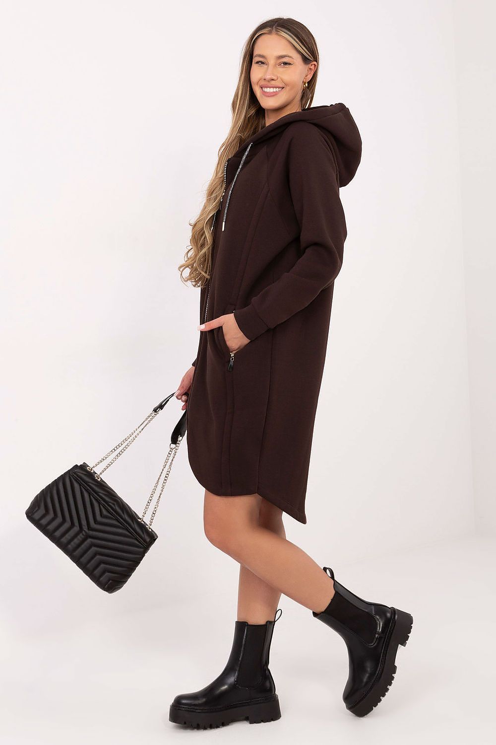 Sweat-shirt femme long en coton élasthanne avec capuche – Amara | Zachoo
