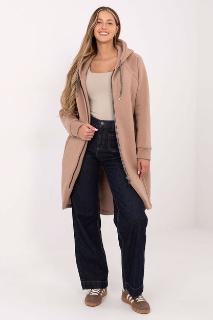 Sweat-shirt femme long en coton élasthanne avec capuche – Amara beige universelle | Zachoo
