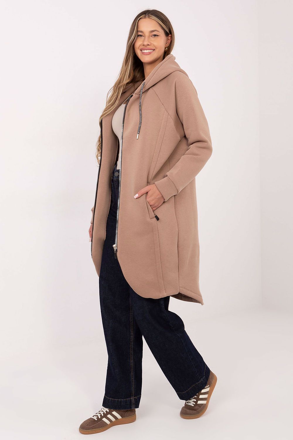 Sweat-shirt femme long en coton élasthanne avec capuche – Amara | Zachoo