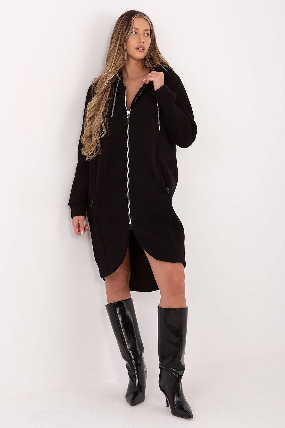 Sweat-shirt femme long en coton élasthanne avec capuche – Amara noir universelle | Zachoo
