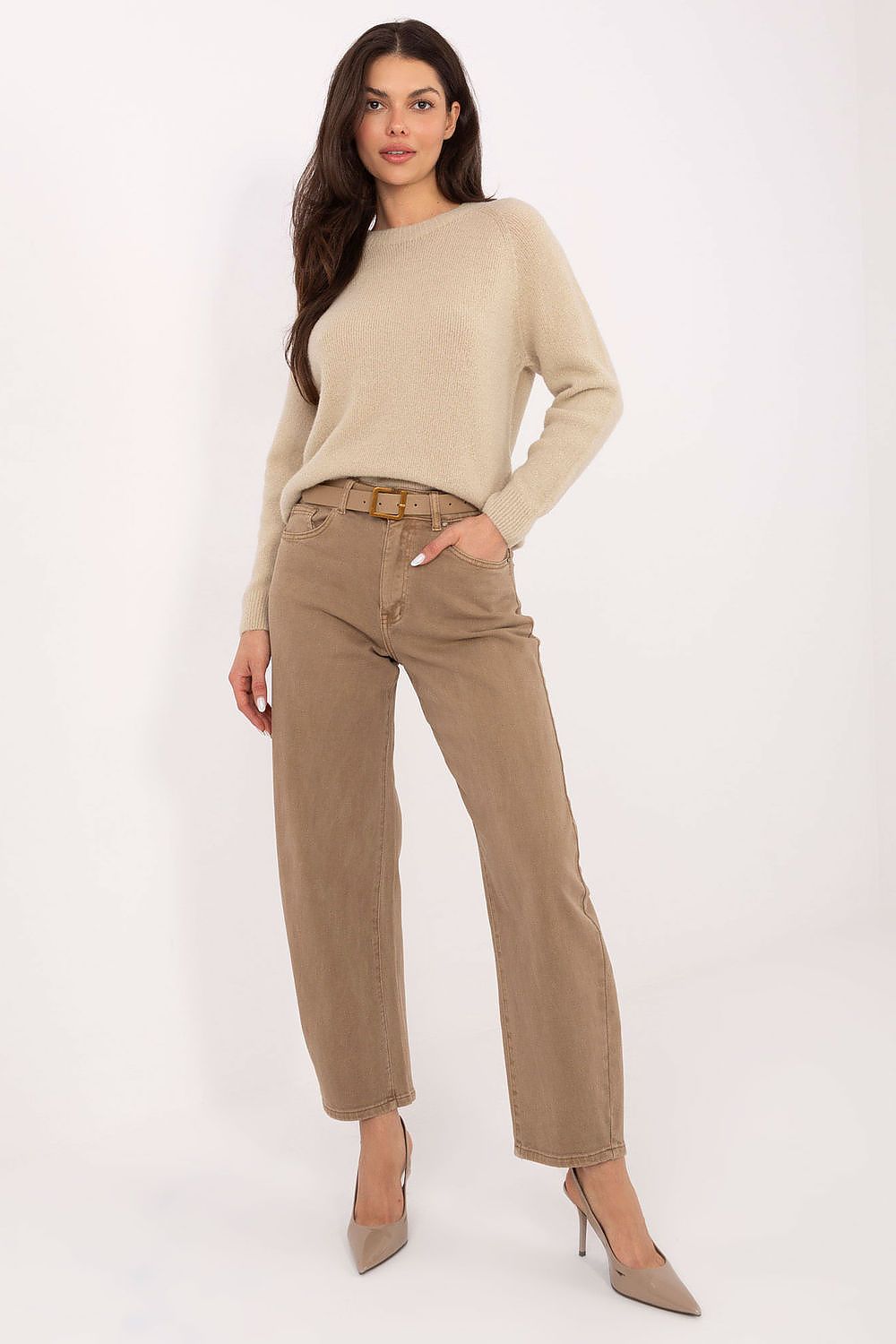 Jeans femme coupe ballon en coton – Althea beige | Zachoo