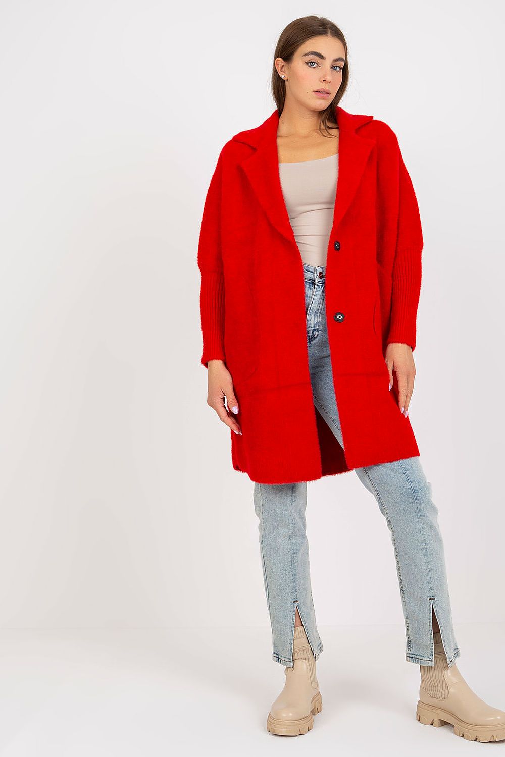 Manteau femme mi-long en laine et angora – Solène rouge universelle | Zachoo