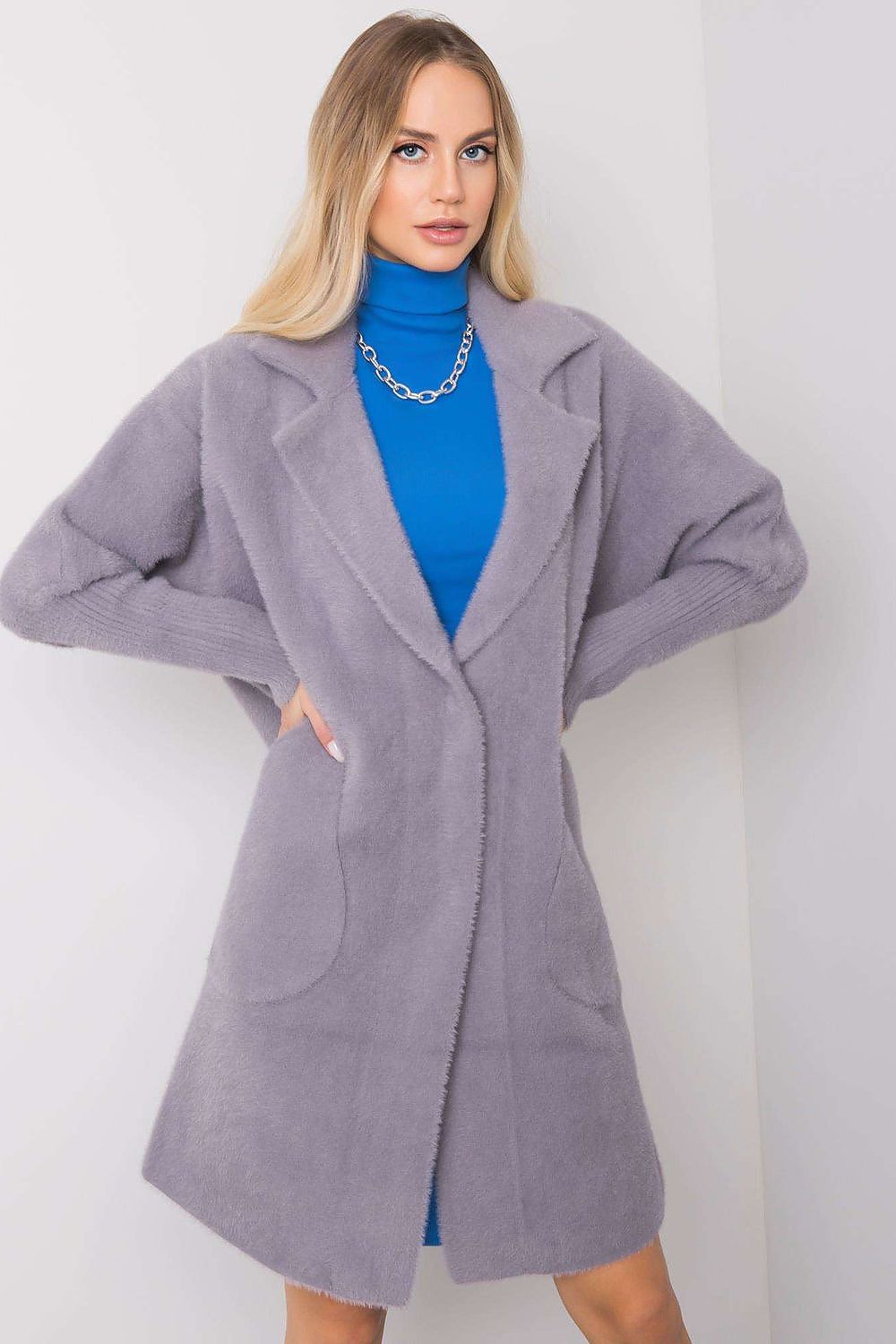 Manteau femme mi-long en laine et angora – Solène gris universelle | Zachoo