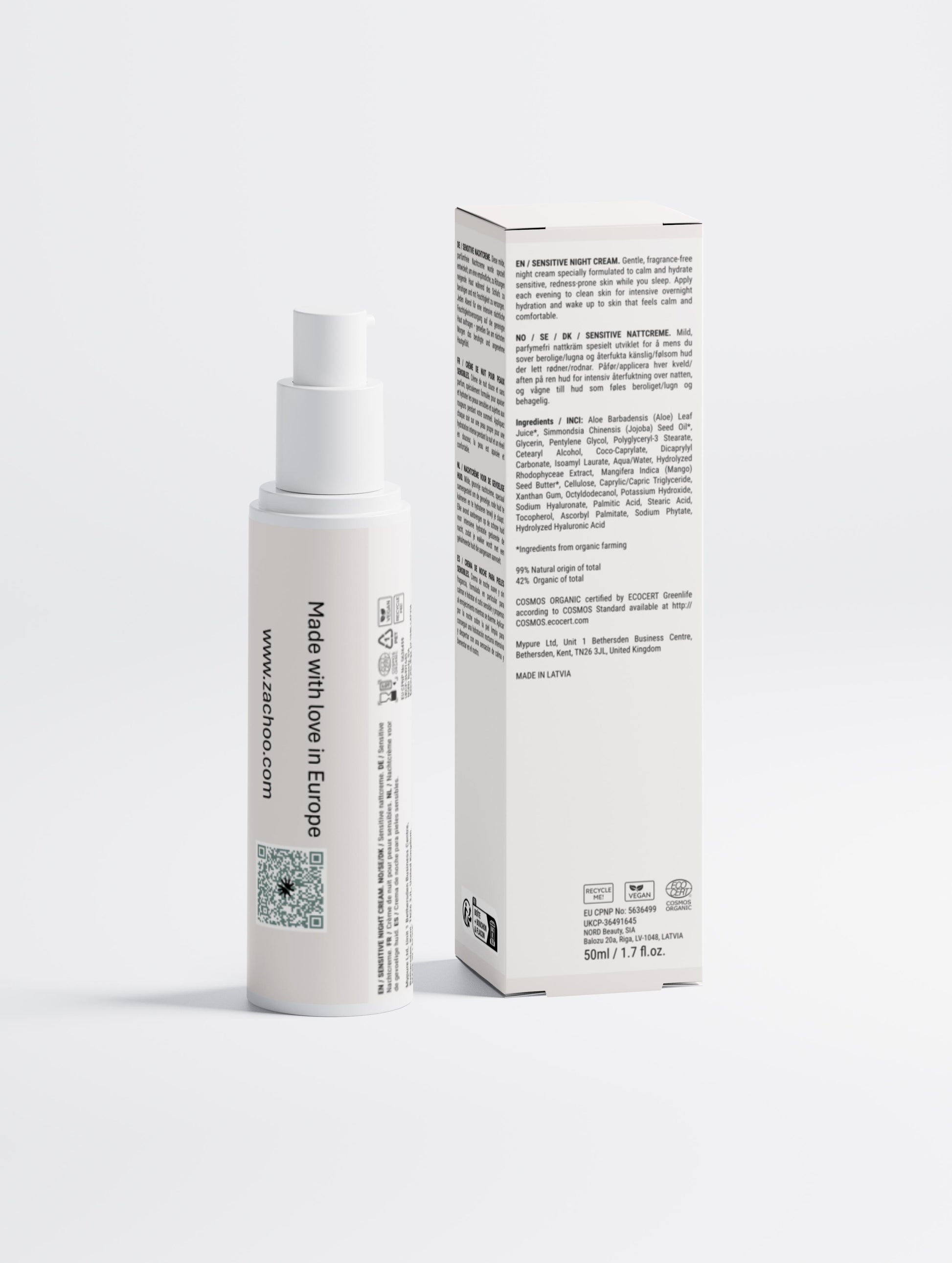 Crème de Nuit Apaisante Peaux Sensibles - Sans Parfum - Réparatrice & Anti-Rougeurs - Bio & 99% Naturelle - 50ml | Zachoo